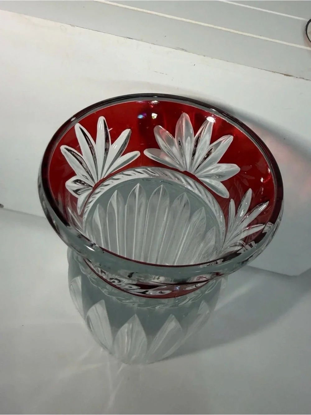 Clear Cut Crystal Vase with Red Rim Accent